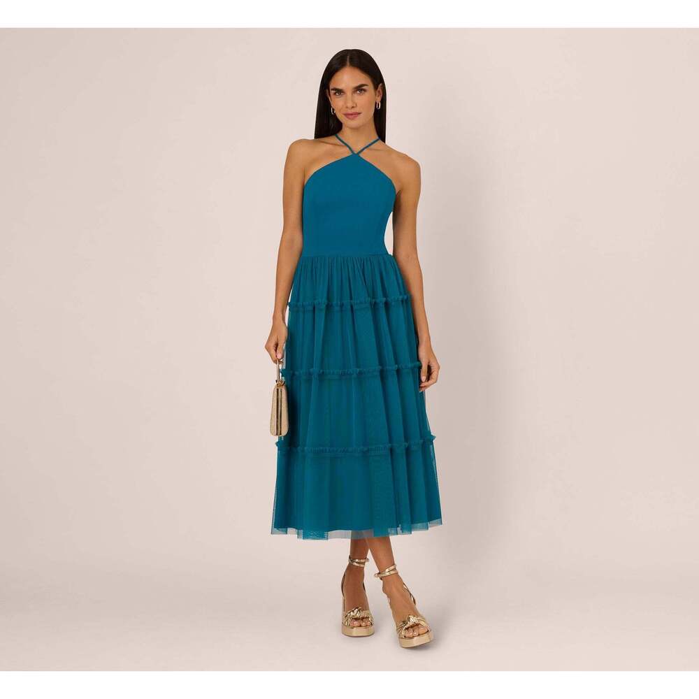 Adrianna Papell Knit And Mesh Tiered Midi Halter Dress In Peacock Size 2Peacock